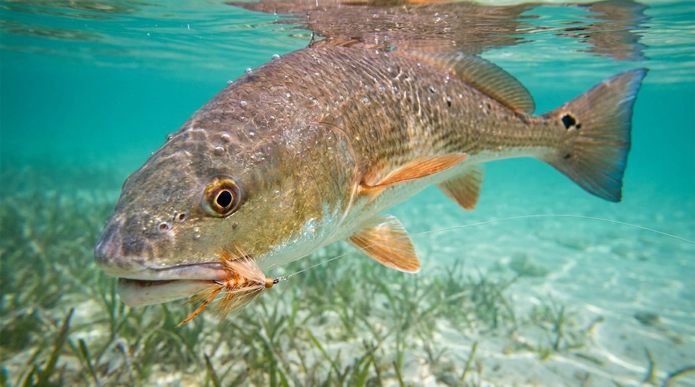 A redfish with a fly hooked in the corner of its mouth on a clear Sarasota grass flat