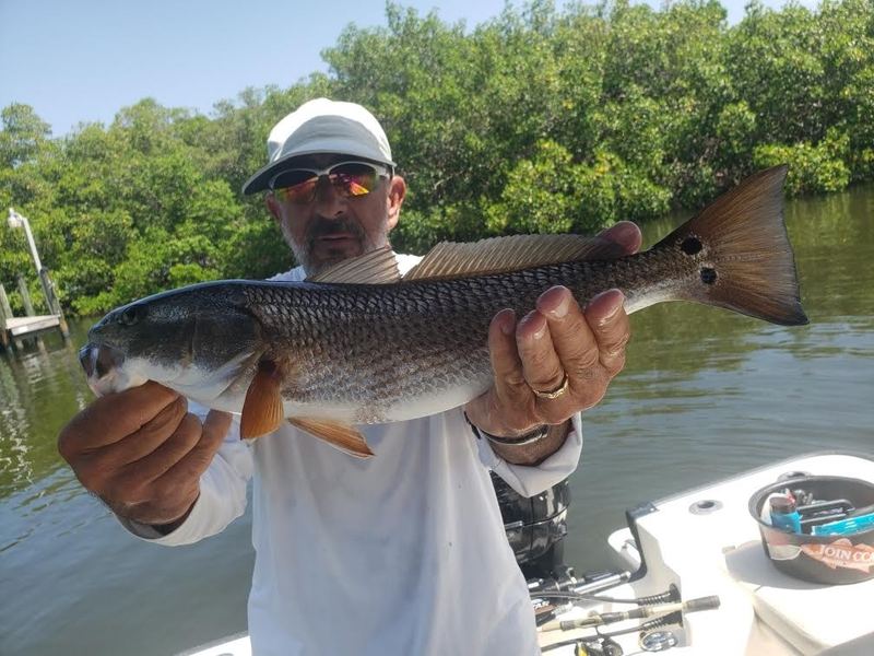 An angler holding a redfish across both hands on the deck of a flats boat, a mangrove shoreline close behind him