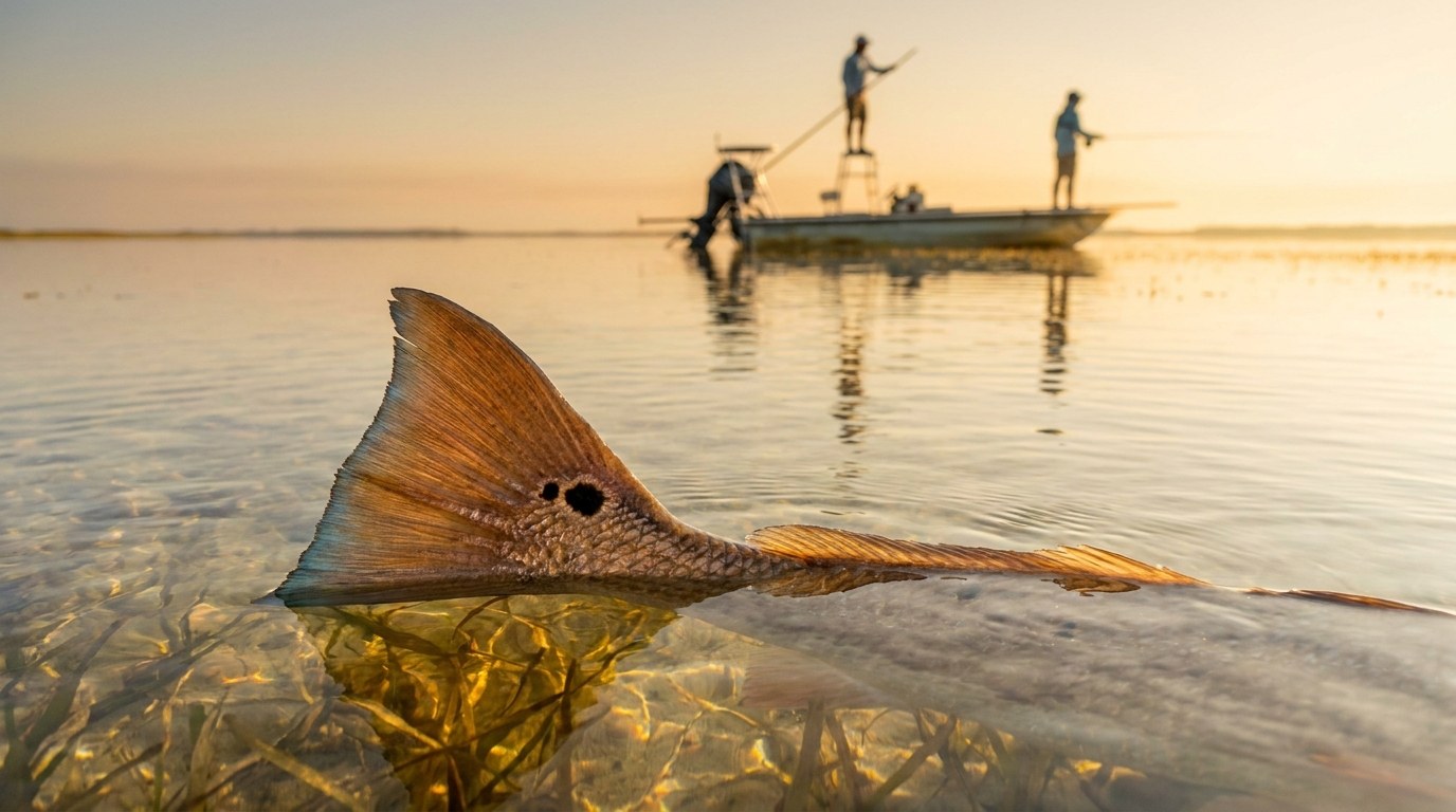 A tailing redfish gives itself away in skinny water as the skiff eases within range.