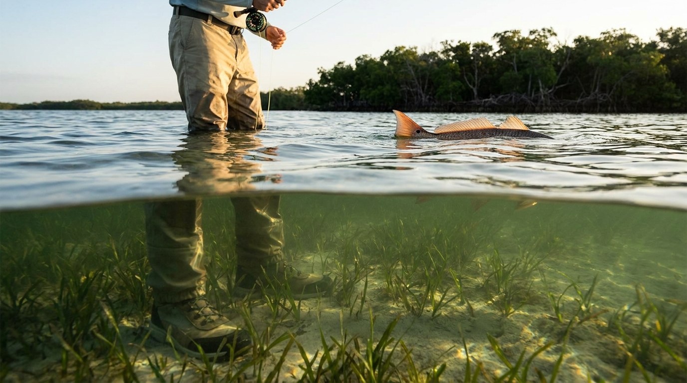 Knee-deep and still: a redfish tails over the grass a cast away from the wading angler.